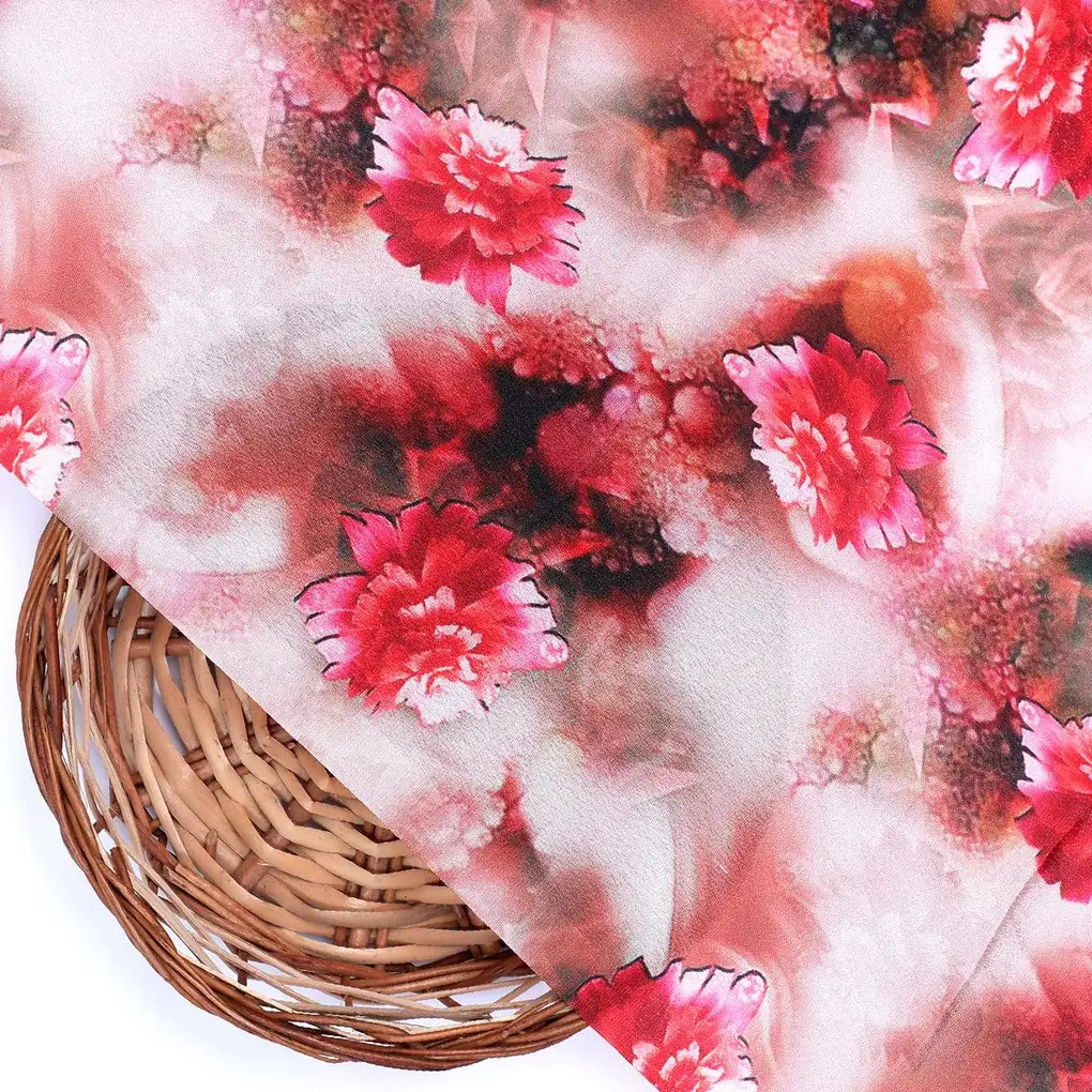 Red Velvet Roses With Paint Background Digital Printed Fabric - Silk Crepe - Image 2