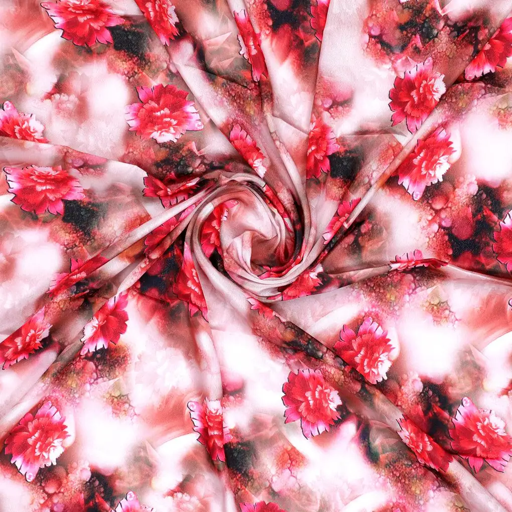 Red Velvet Roses With Paint Background Digital Printed Fabric - Silk Crepe - Image 3