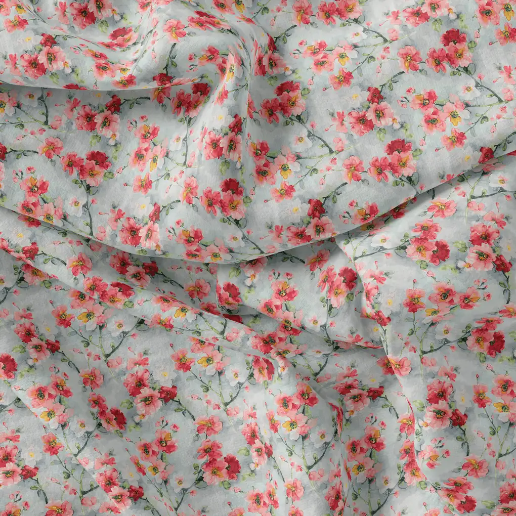 Red Violet Flower Green Buds Digital Printed Fabric - Image 2