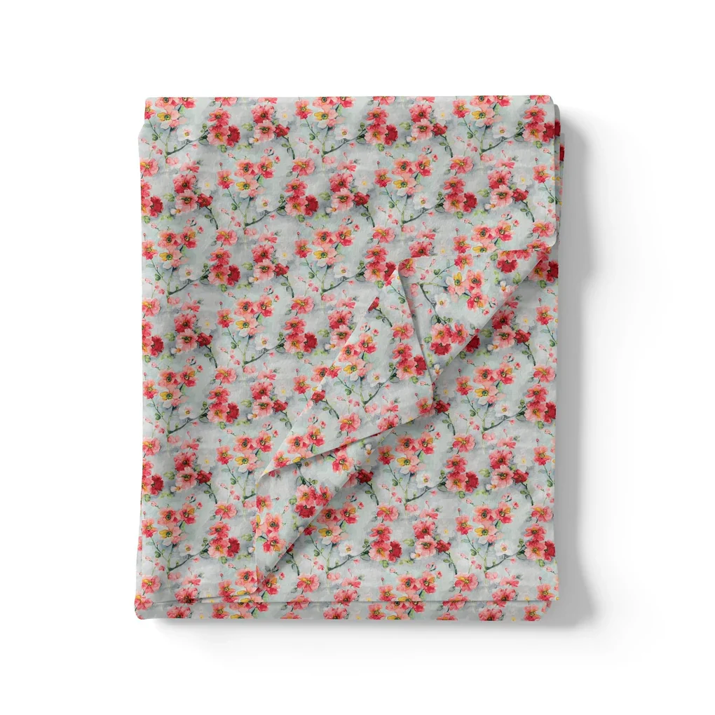 Red Violet Flower Green Buds Digital Printed Fabric - Image 4