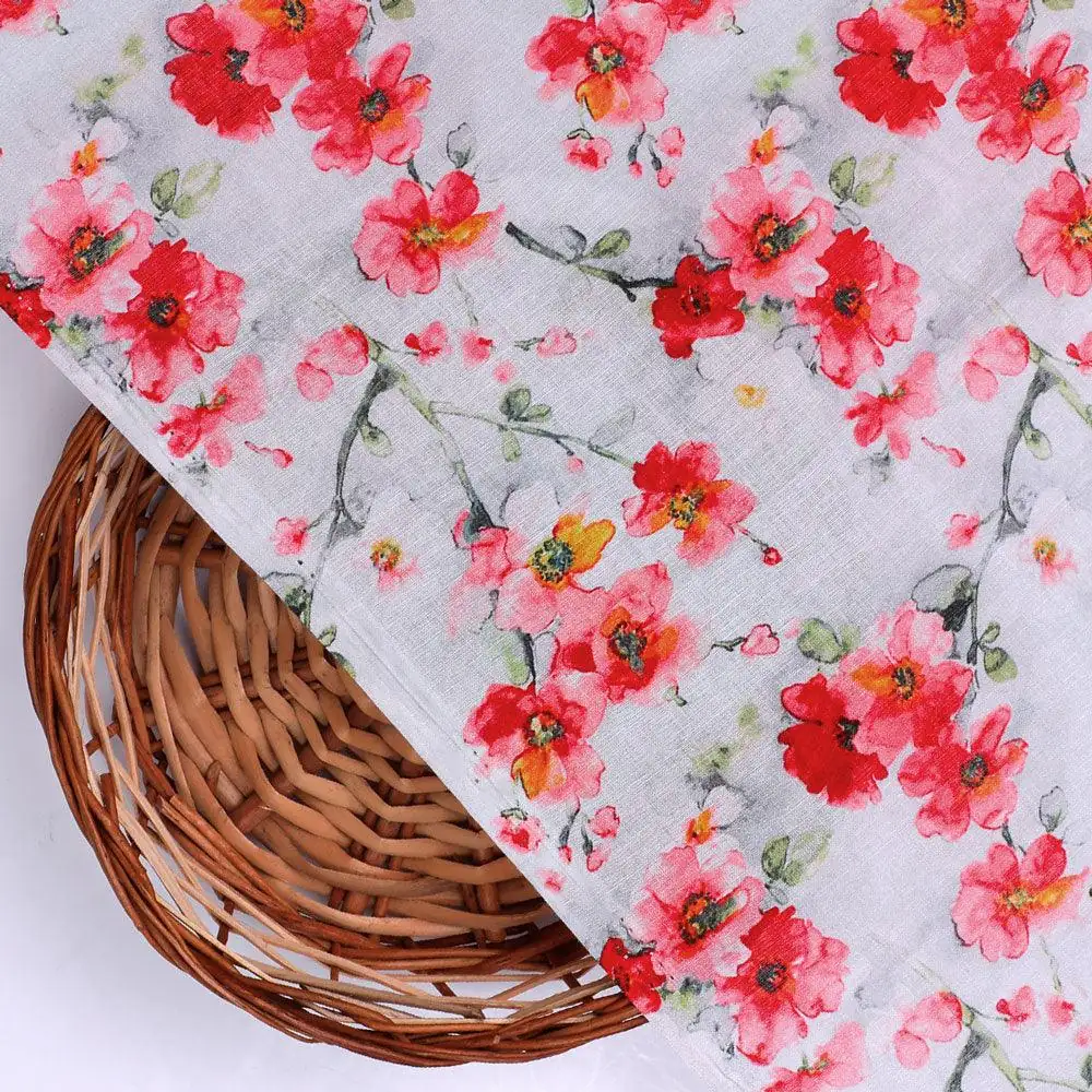 Red Violet Flower Green Buds Digital Printed Fabric - Pure Cotton - Image 2