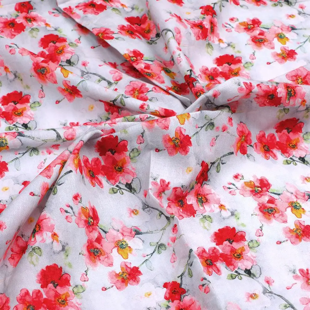 Red Violet Flower Green Buds Digital Printed Fabric - Pure Cotton - Image 3