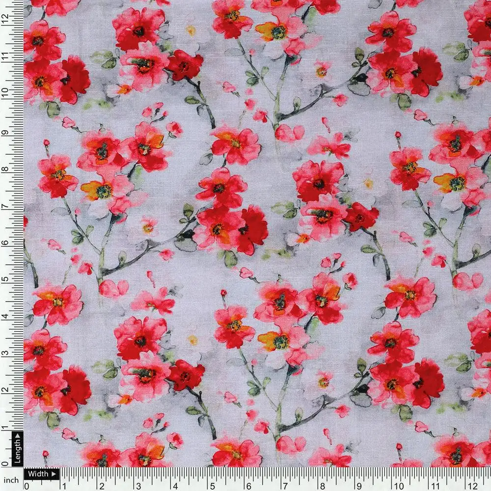 Red Violet Flower Green Buds Digital Printed Fabric - Pure Cotton - Image 4