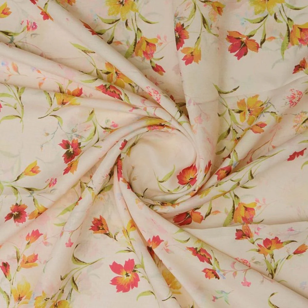 Red & Yellow Watercolour Floral Printed Muslin Fabric - Image 3