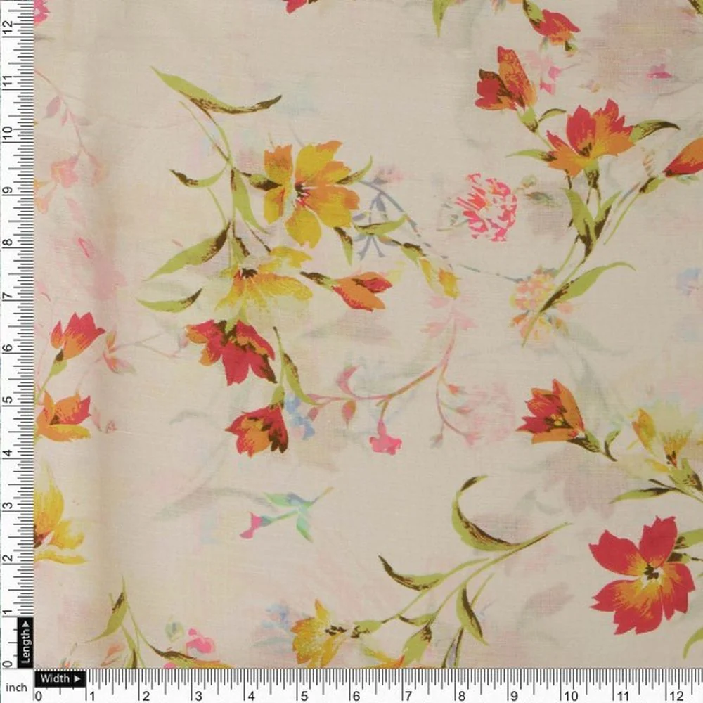 Red & Yellow Watercolour Floral Printed Muslin Fabric - Image 4
