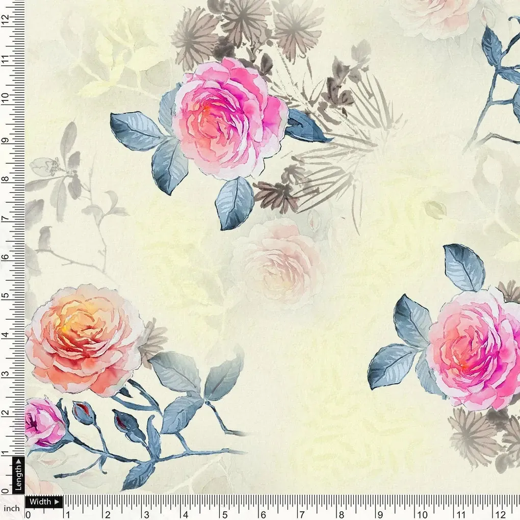 Roses Floating on Yellow Base Digital Printed Fabric - Image 4