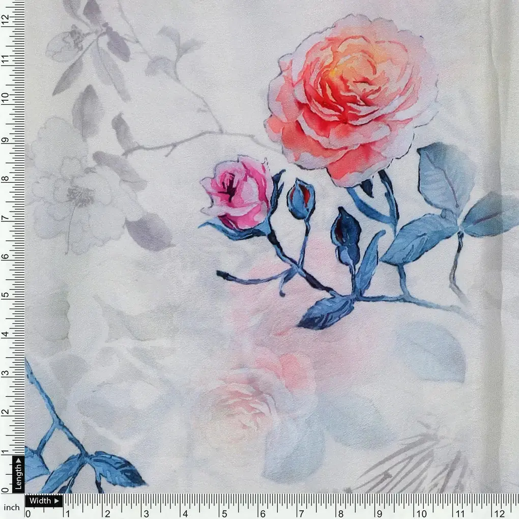 Roses Floating on Yellow Base Digital Printed Fabric - Image 4