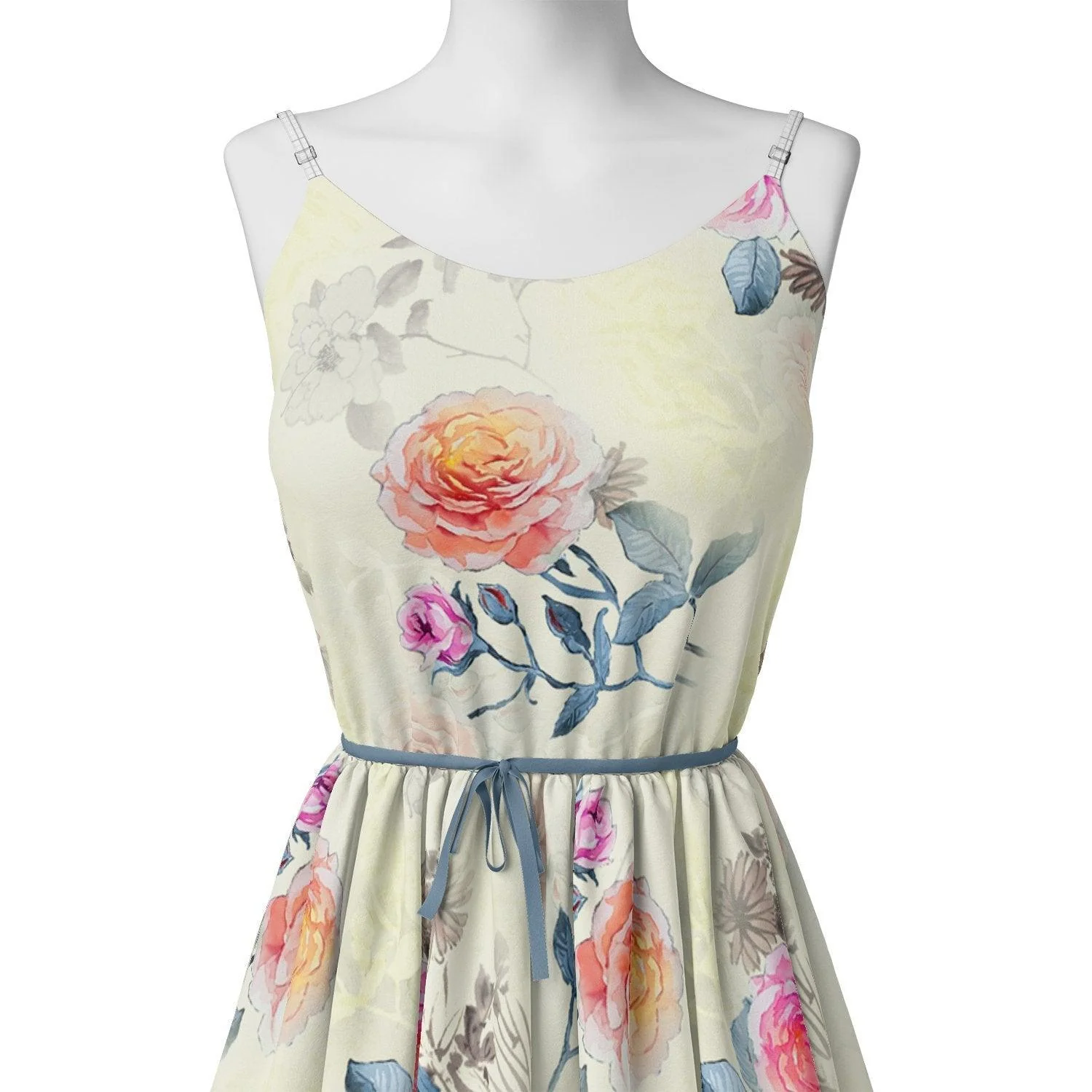 Roses Floating on Yellow Base Digital Printed Fabric - Image 2