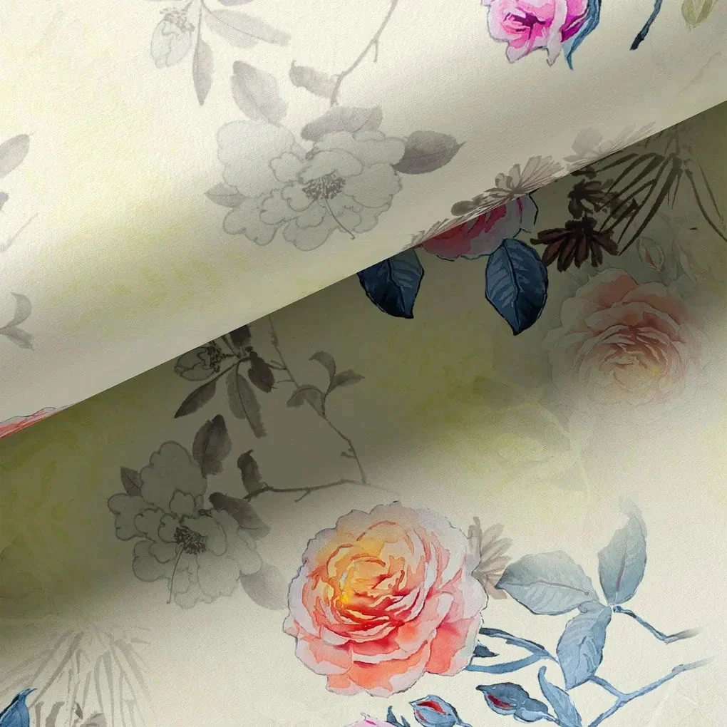 Roses Floating on Yellow Base Digital Printed Fabric - Image 3