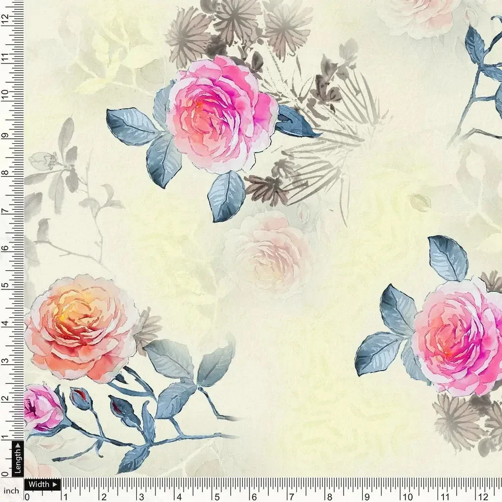 Roses Floating on Yellow Base Digital Printed Fabric - Image 4