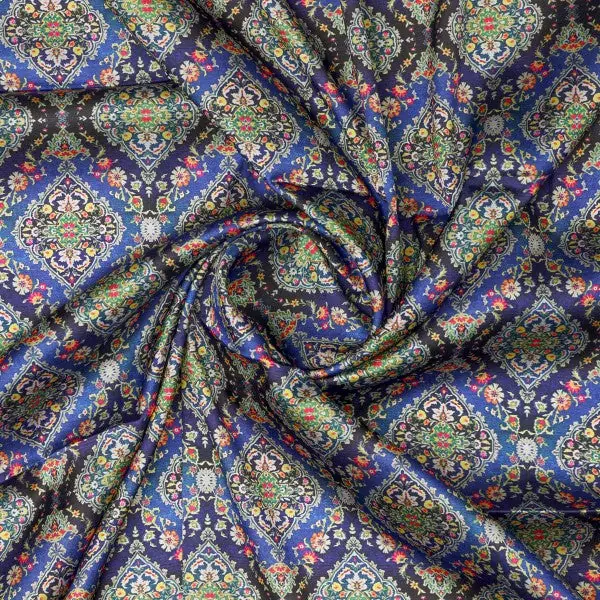 Royal Blue & Black Ethnic Damask Japan Satin Fabric - Image 2