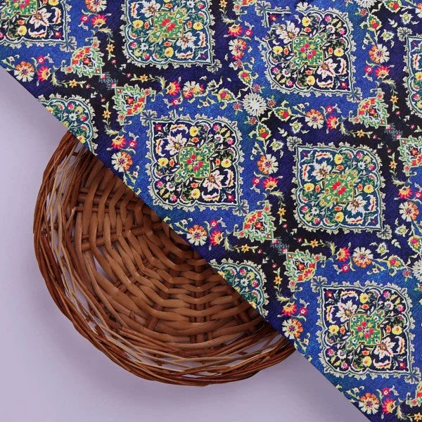 Royal Blue & Black Ethnic Damask Japan Satin Fabric - Image 3
