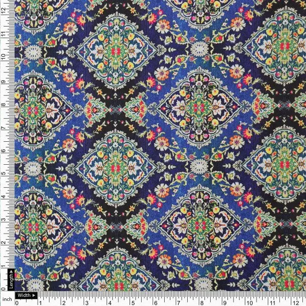Royal Blue & Black Ethnic Damask Japan Satin Fabric - Image 4