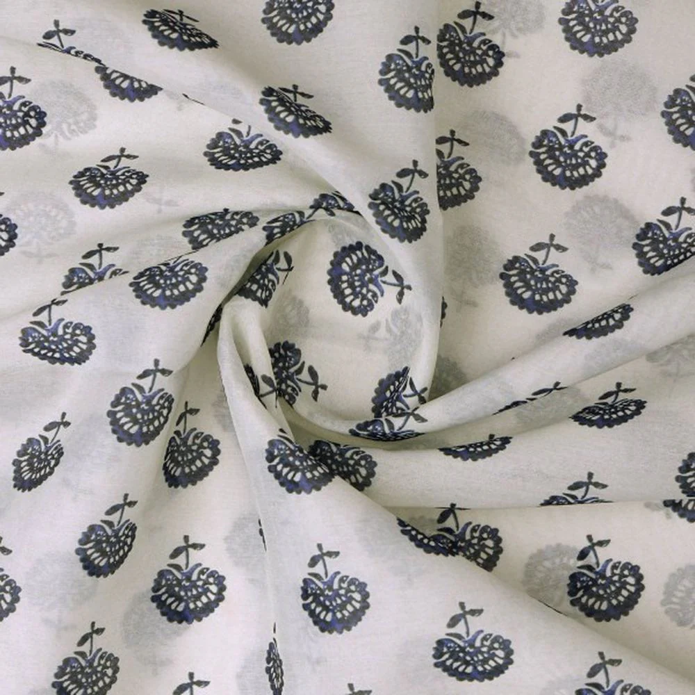 Royal Blue Floral Block Print on White Chanderi Fabric - Image 2