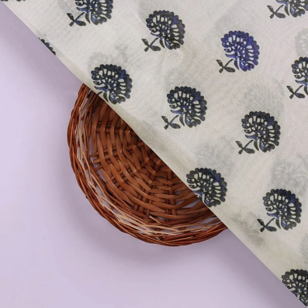 Royal Blue Floral Block Print on White Chanderi Fabric - Image 3