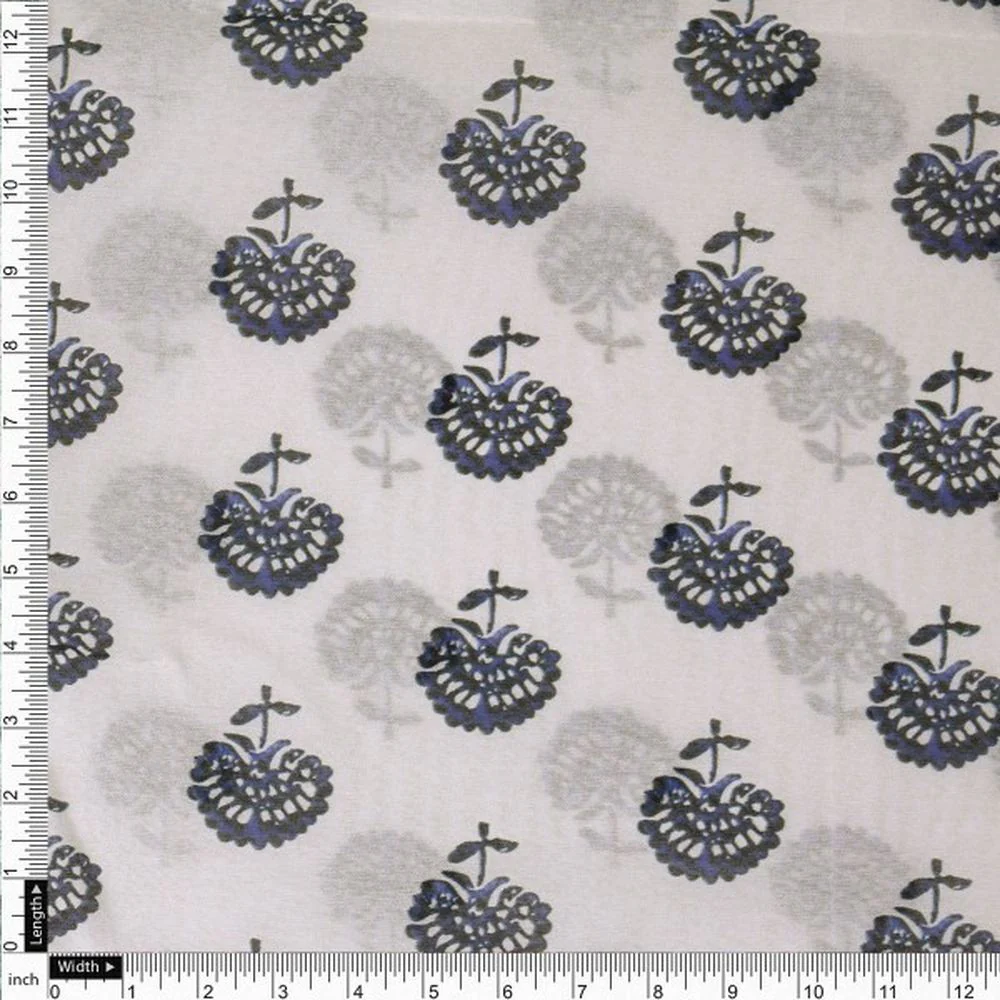 Royal Blue Floral Block Print on White Chanderi Fabric - Image 4