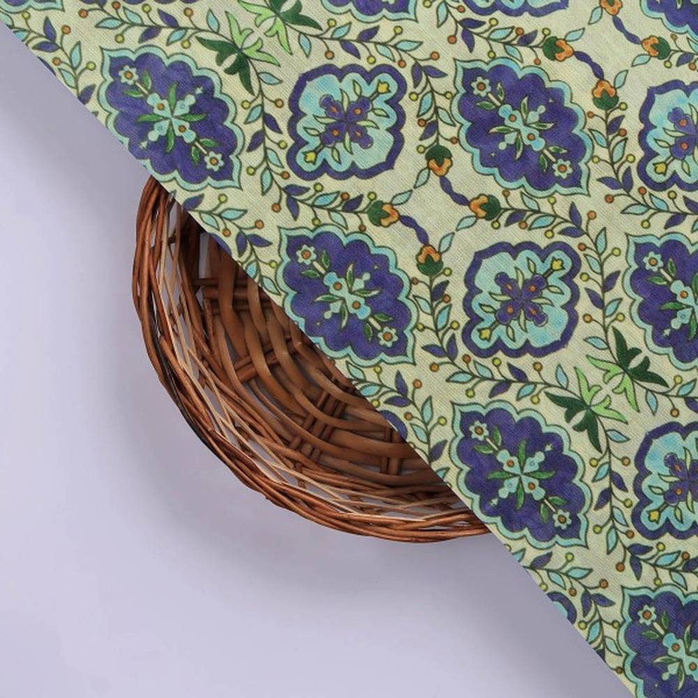 Royal Blue & Green Damask Floral Motif Chanderi Fabric - Image 2
