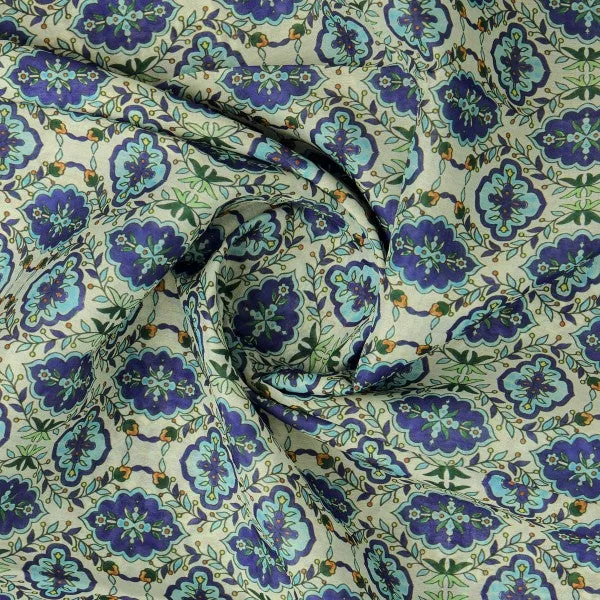 Royal Blue & Green Damask Floral Motif Chanderi Fabric - Image 3