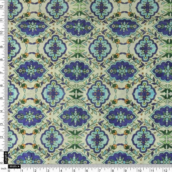 Royal Blue & Green Damask Floral Motif Chanderi Fabric - Image 4