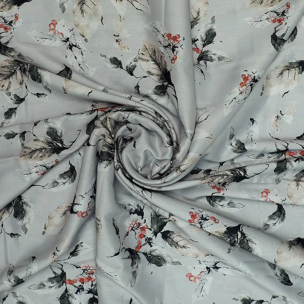 Royal Vintage Greyish Leafs Digital Printed Fabric - Muslin - Image 2