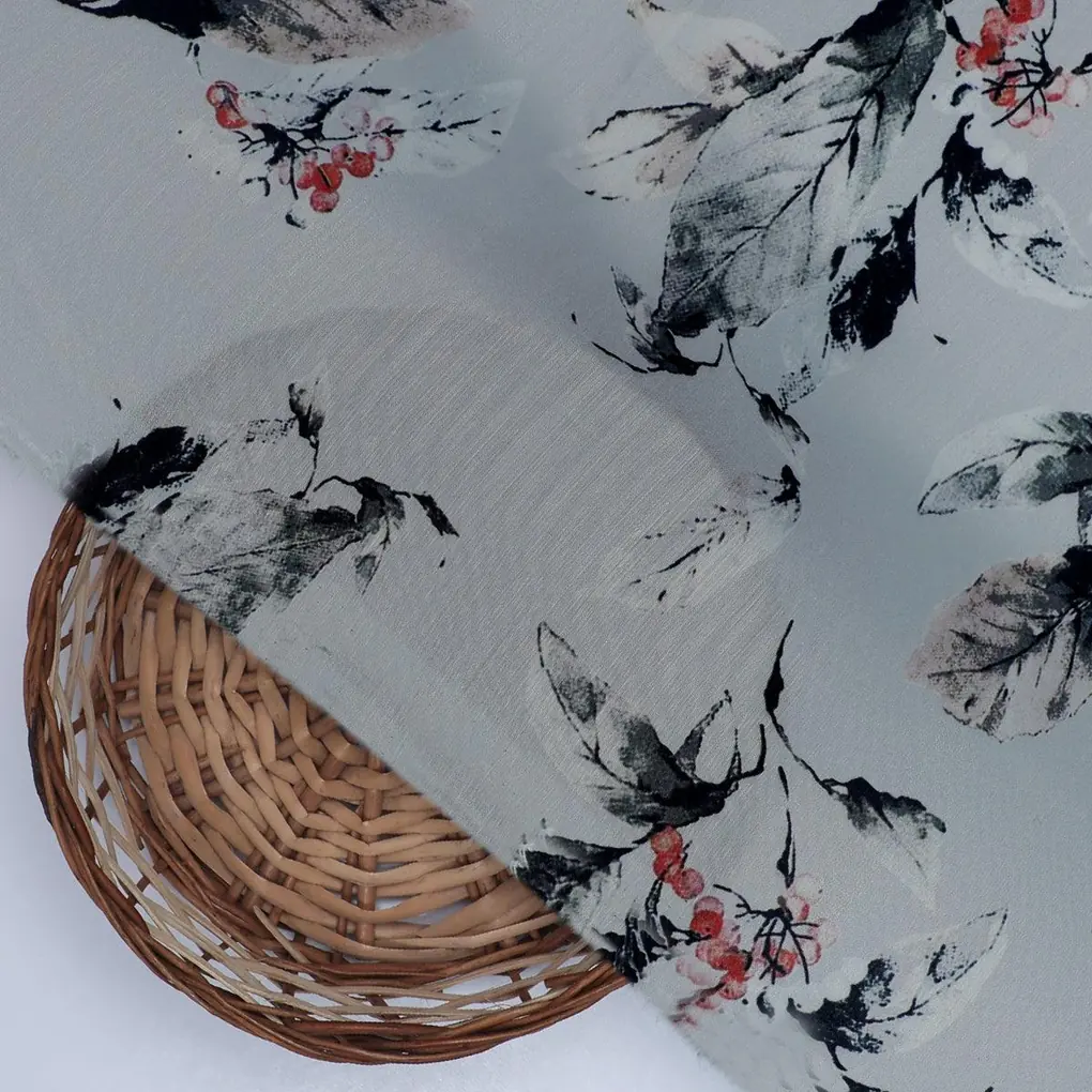 Royal Vintage Greyish Leafs Digital Printed Fabric - Muslin - Image 3