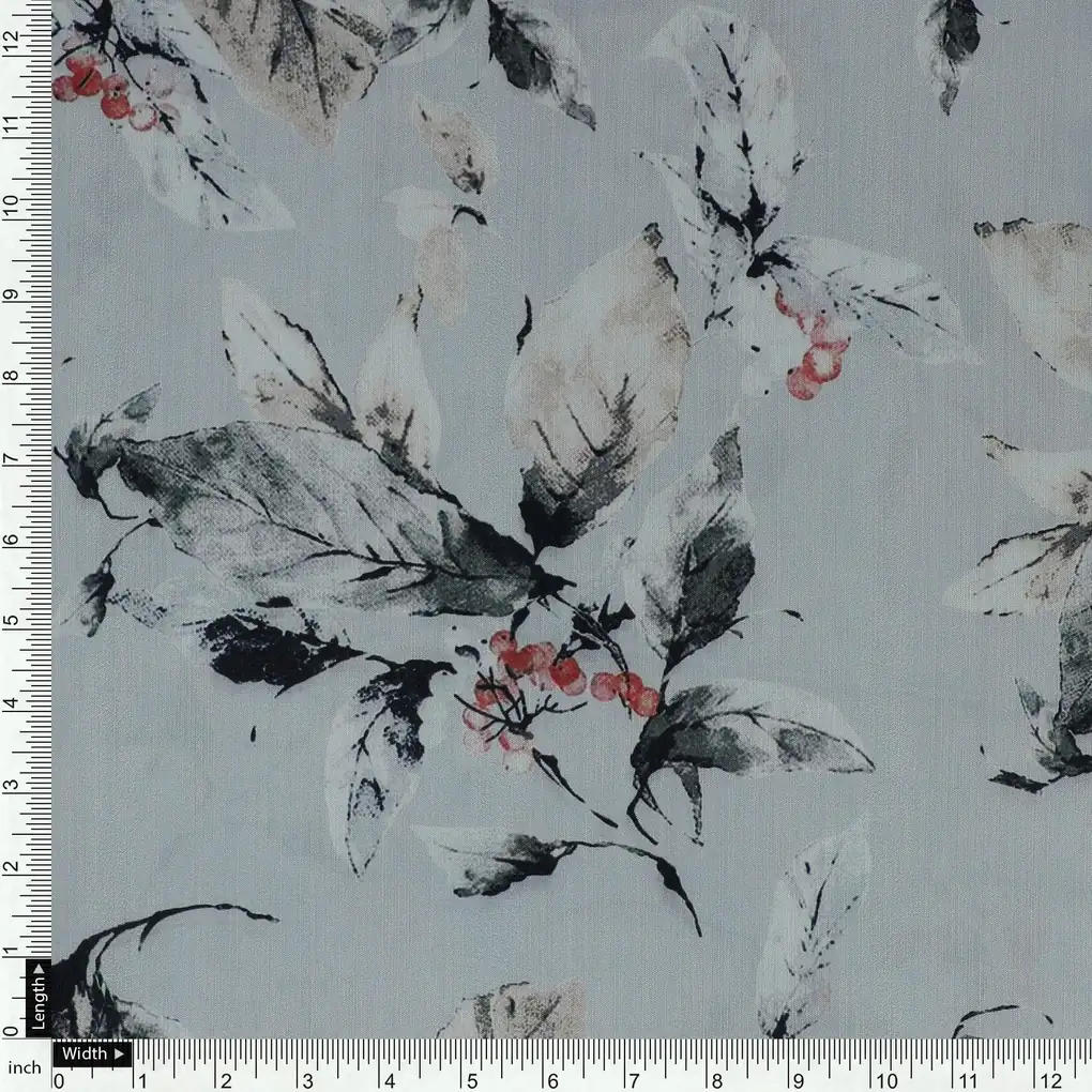 Royal Vintage Greyish Leafs Digital Printed Fabric - Muslin - Image 4