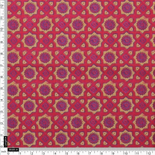 Ruby Red Geometric Star Patterned Soft Rayon Fabric - Image 4