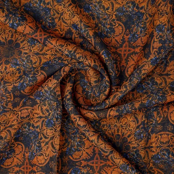 Rust & Blue Vintage Damask Print Sheer Organza Fabric - Image 2