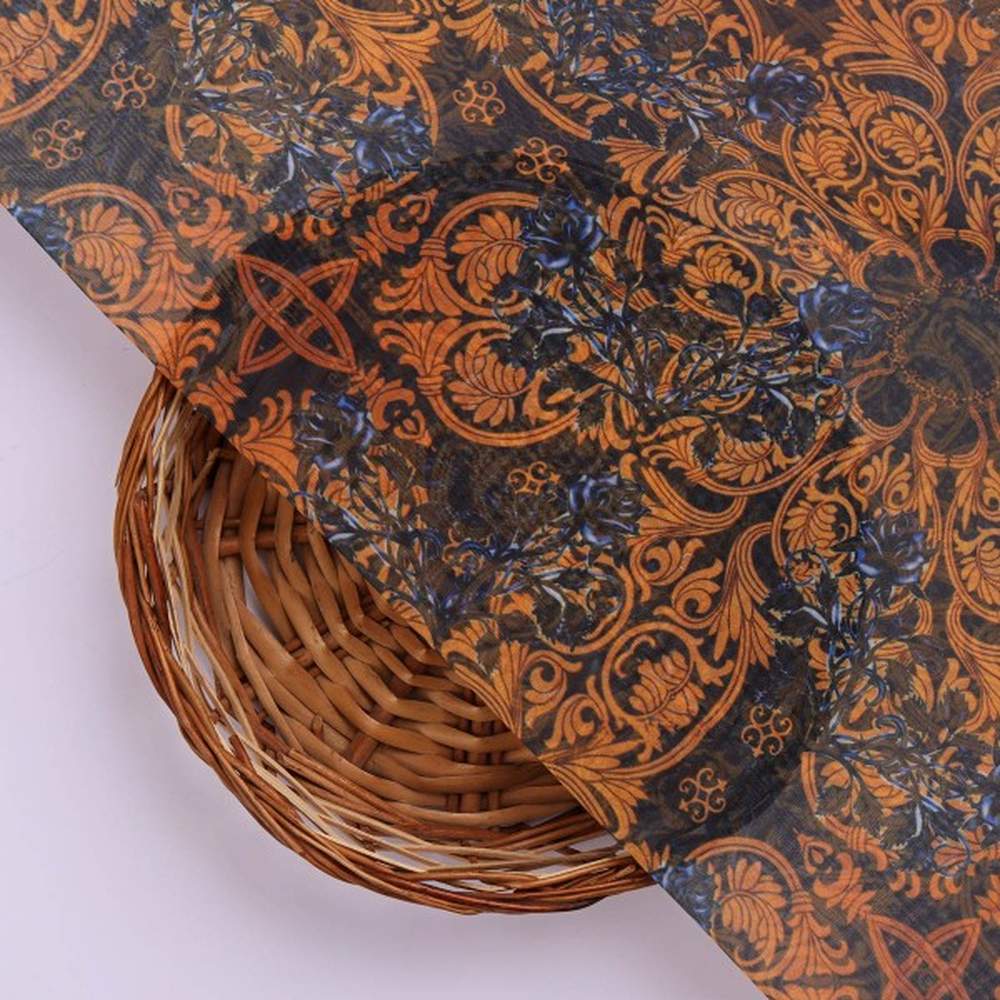 Rust & Blue Vintage Damask Print Sheer Organza Fabric - Image 3