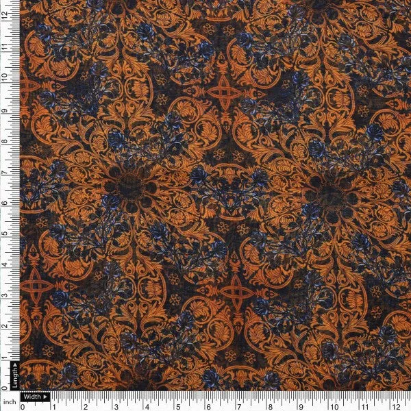 Rust & Blue Vintage Damask Print Sheer Organza Fabric - Image 4