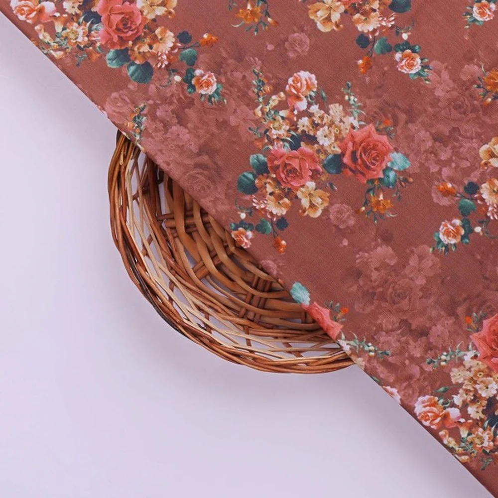 Rust Brown Vintage Rose Floral Printed Muslin Fabric - Image 2