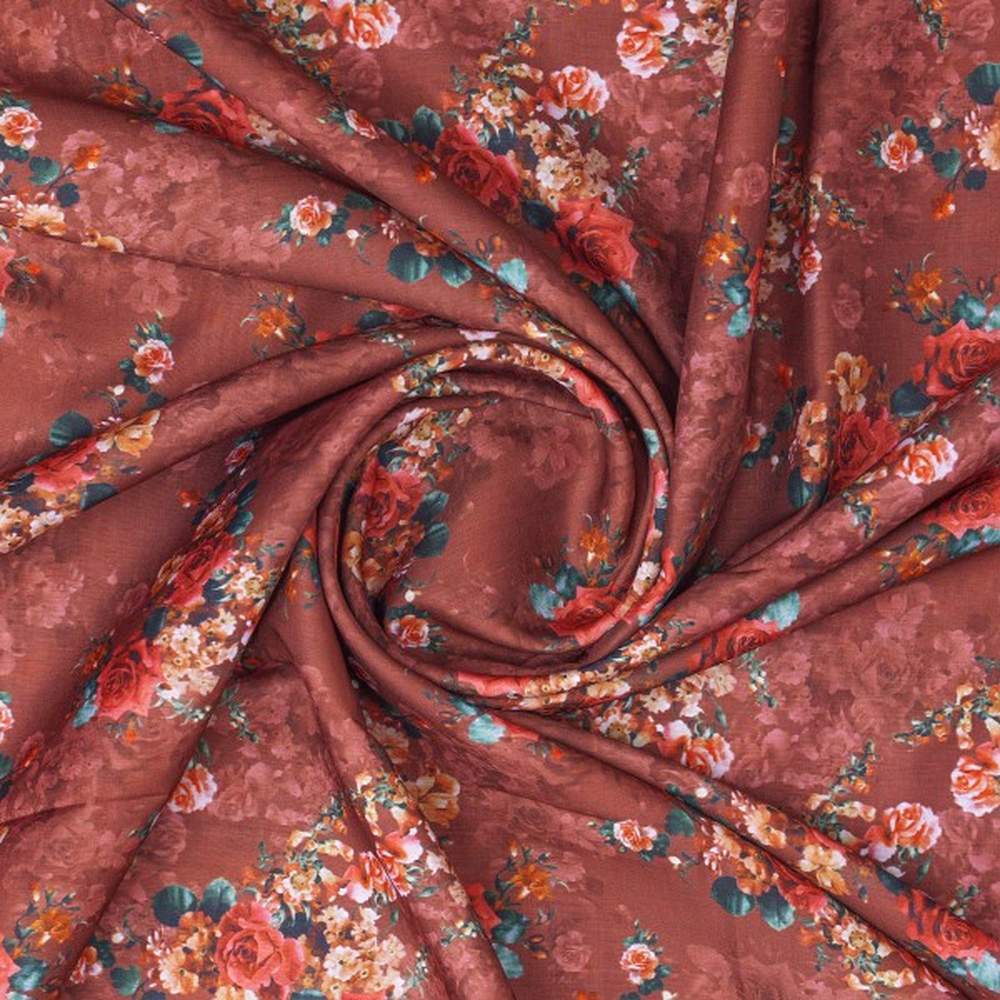 Rust Brown Vintage Rose Floral Printed Muslin Fabric - Image 3
