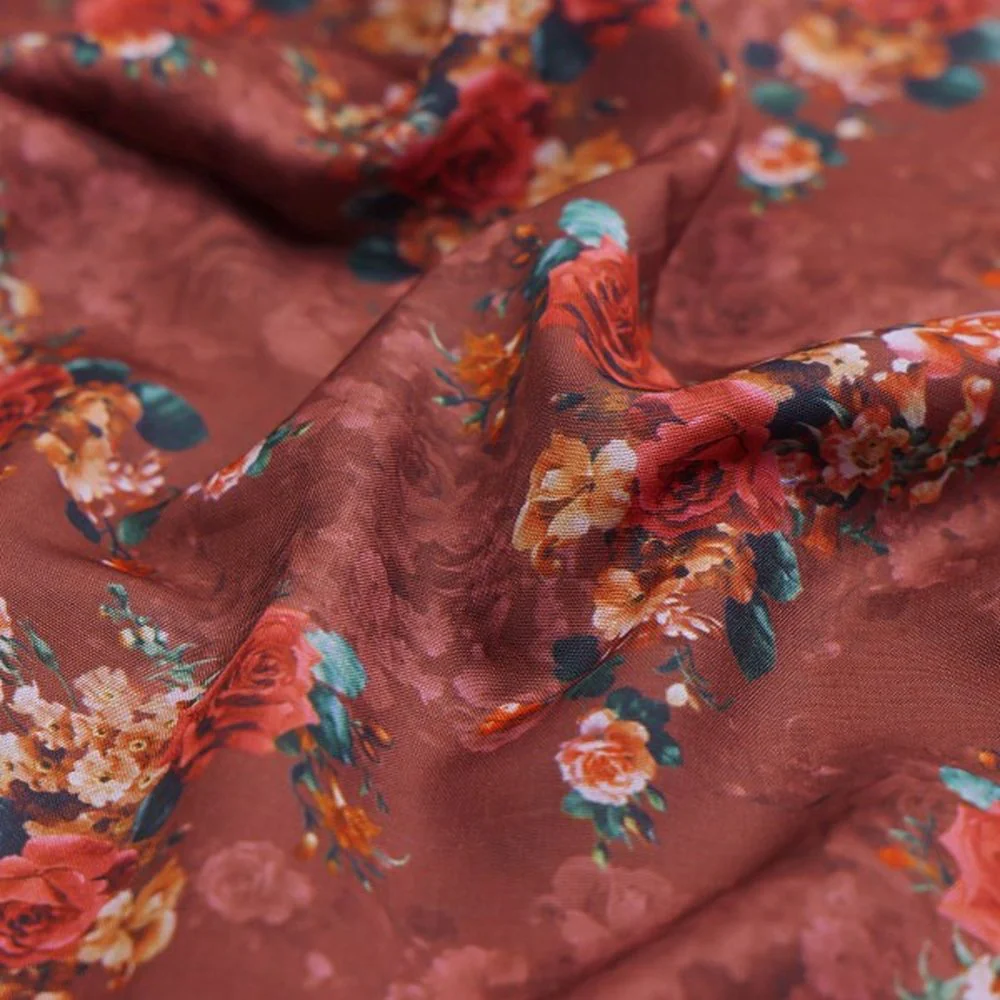 Rust Brown Vintage Rose Floral Printed Muslin Fabric - Image 4
