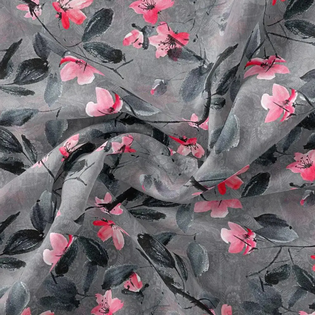 Rustic Looked Pink Flower Digital Printed Fabric - Japan Satin - Image 4