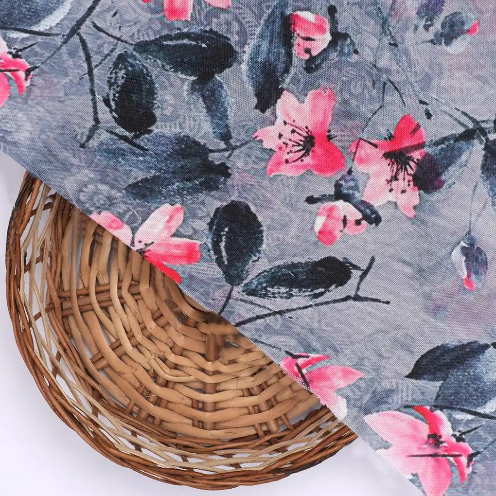 Rustic Looked Pink Flower Digital Printed Fabric - Rayon - Image 2