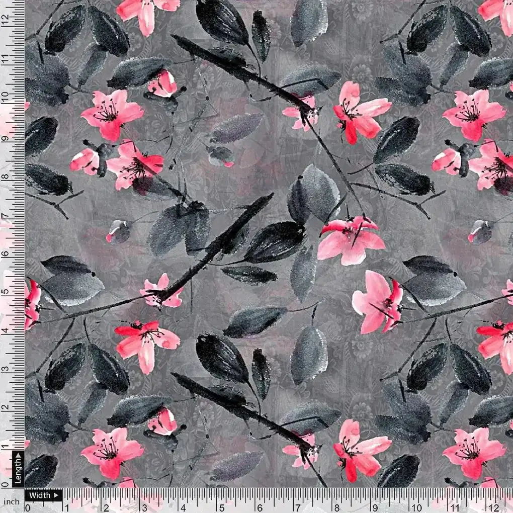 Rustic Looked Pink Flower Digital Printed Fabric - Upada Silk - Image 3