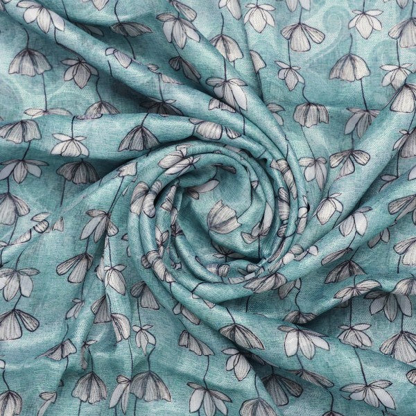 Sea Green and Grey Floral Vine Print Brasso Fabric - Image 2