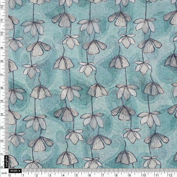 Sea Green and Grey Floral Vine Print Brasso Fabric - Image 4