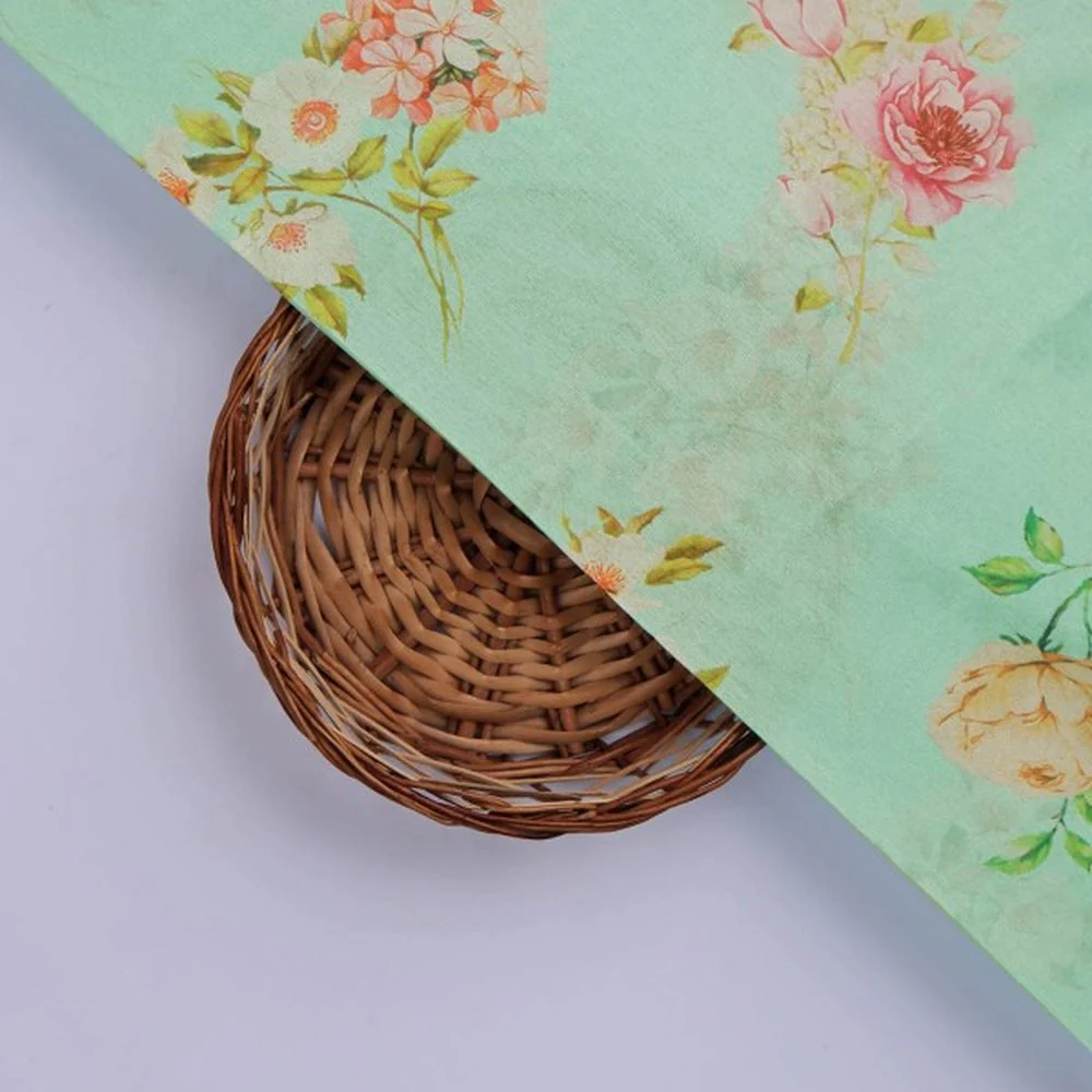 Sea Green and Pink Floral Printed Tusser Silk Fabric - Image 2