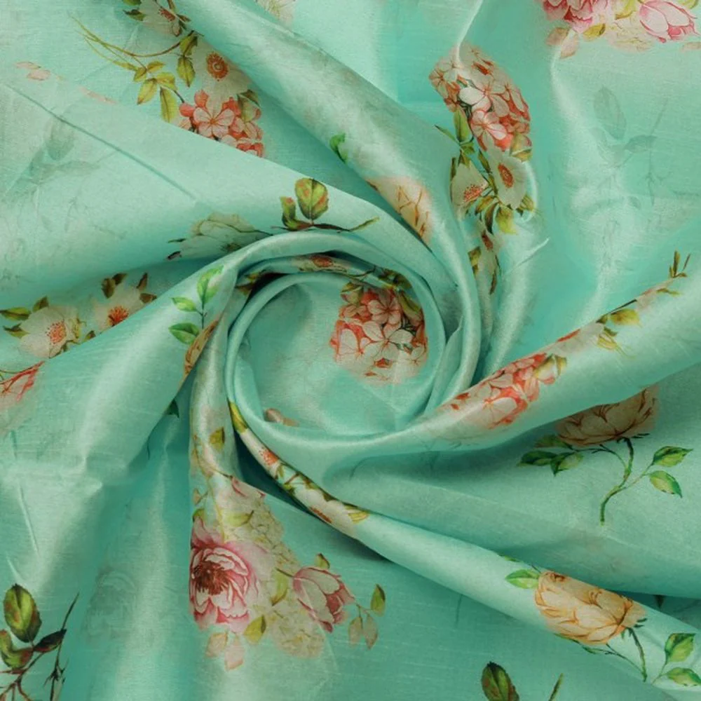 Sea Green and Pink Floral Printed Tusser Silk Fabric - Image 3