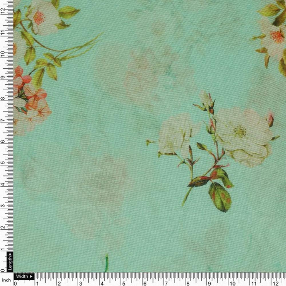 Sea Green and Pink Floral Printed Tusser Silk Fabric - Image 4