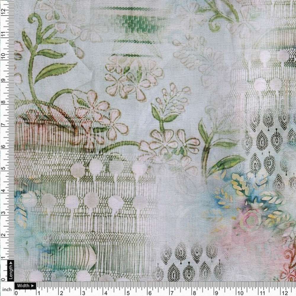 Sea Green Floral Abstract Polyester Fabric for Apparel & Decor - Image 4