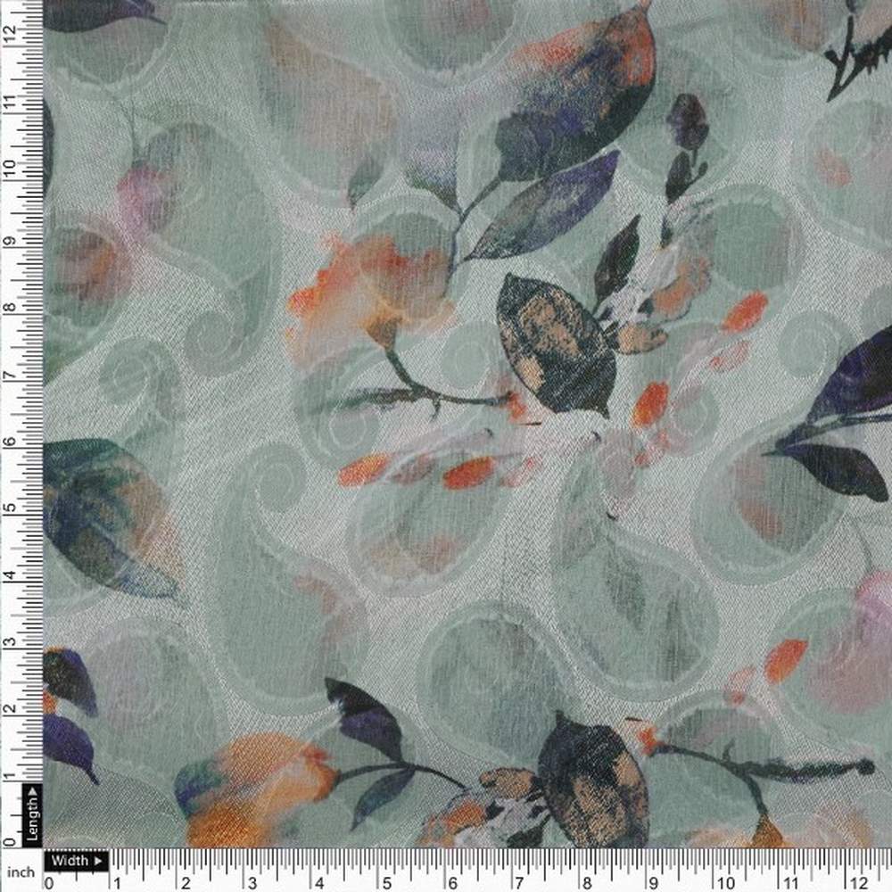 Sea Green Floral & Paisley Print Brasso Fabric for Kurtas - Image 4