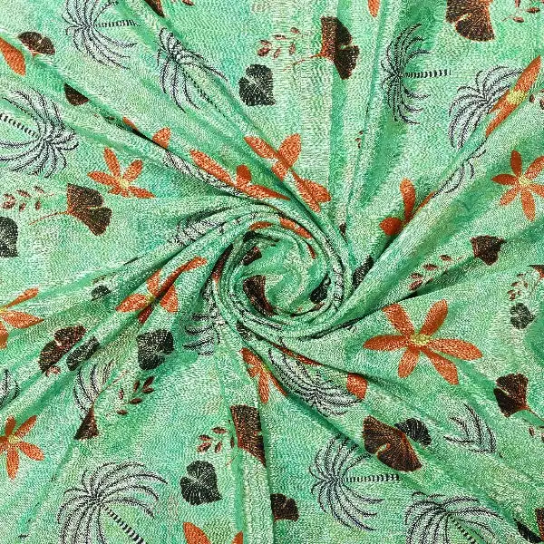 Sea Green & Orange Tropical Floral Print Chinon Fabric - Image 2