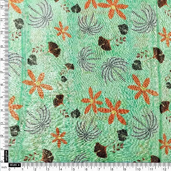 Sea Green & Orange Tropical Floral Print Chinon Fabric - Image 4