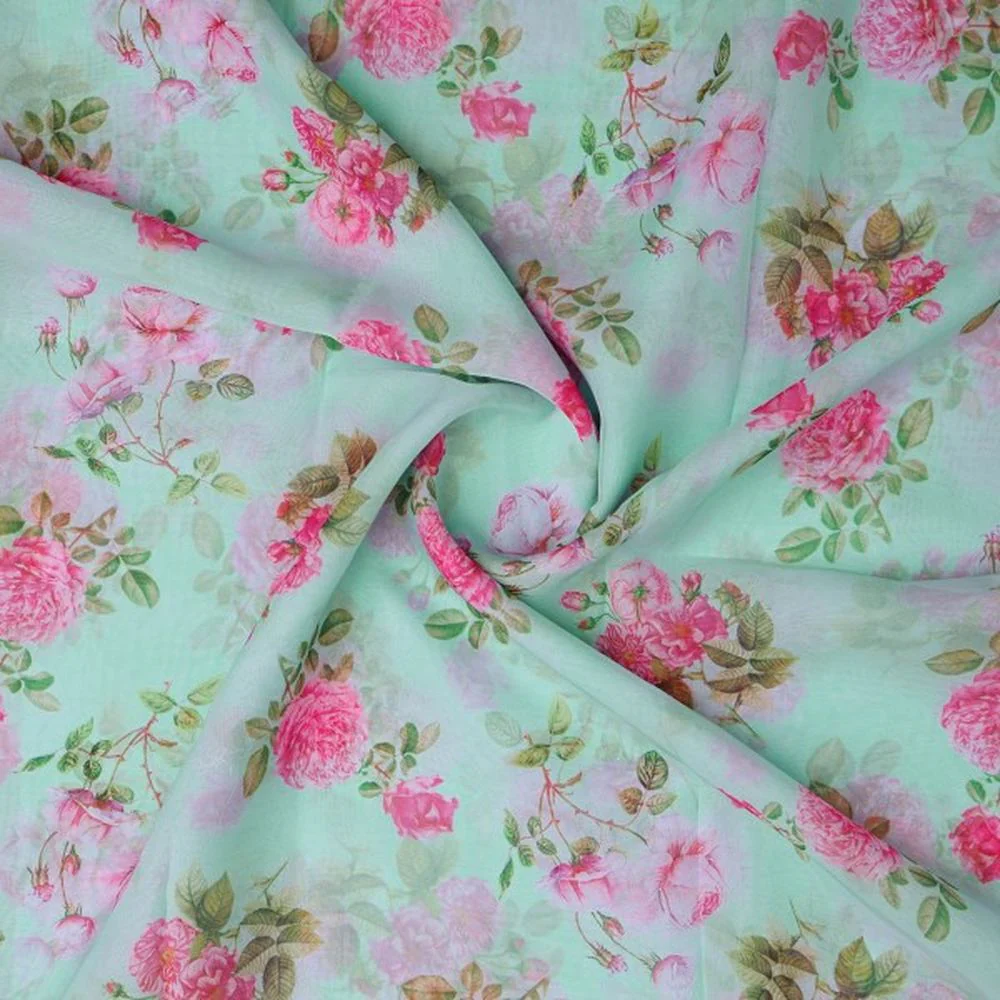 Sea Green & Pink English Rose Floral Organza Fabric - Image 2