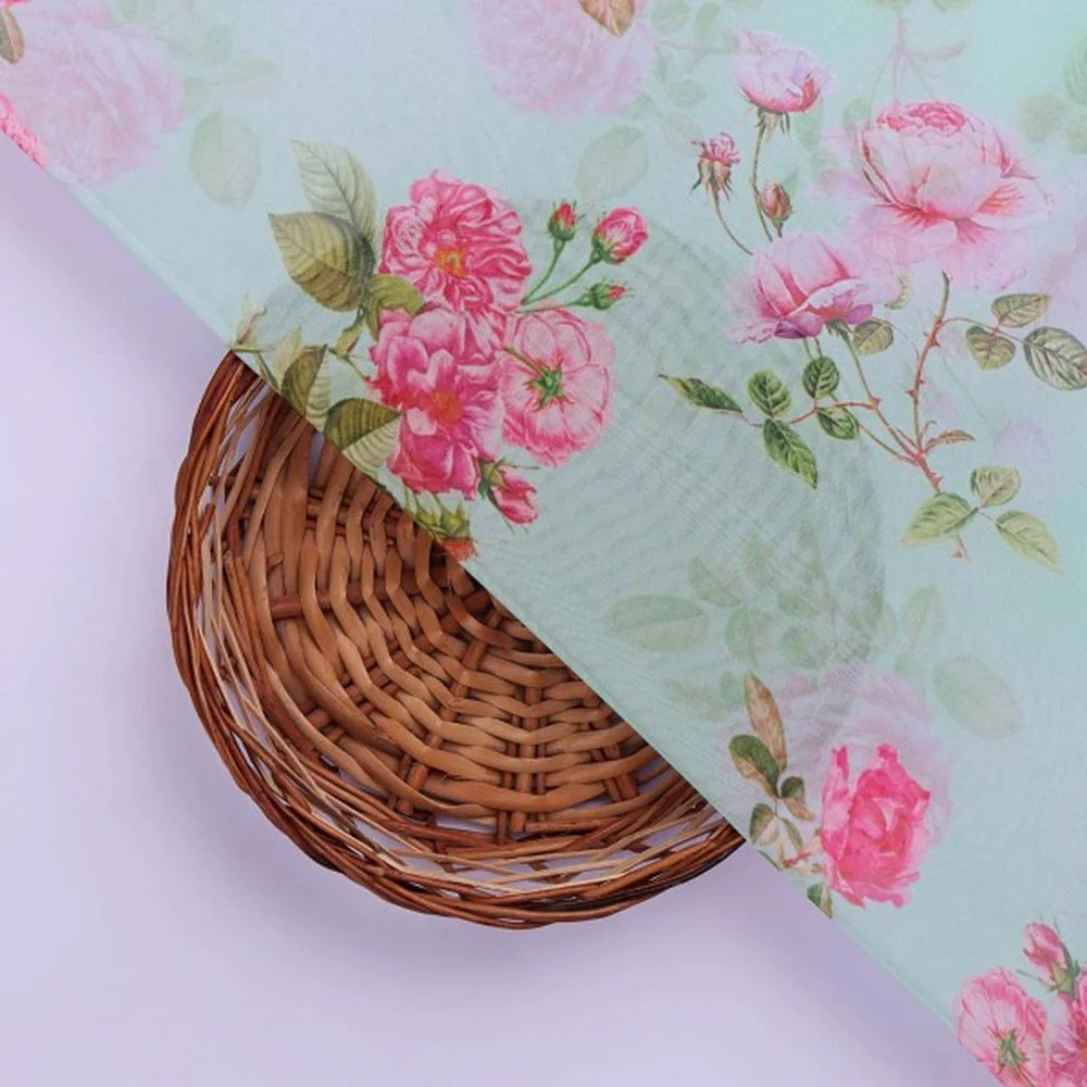 Sea Green & Pink English Rose Floral Organza Fabric - Image 3