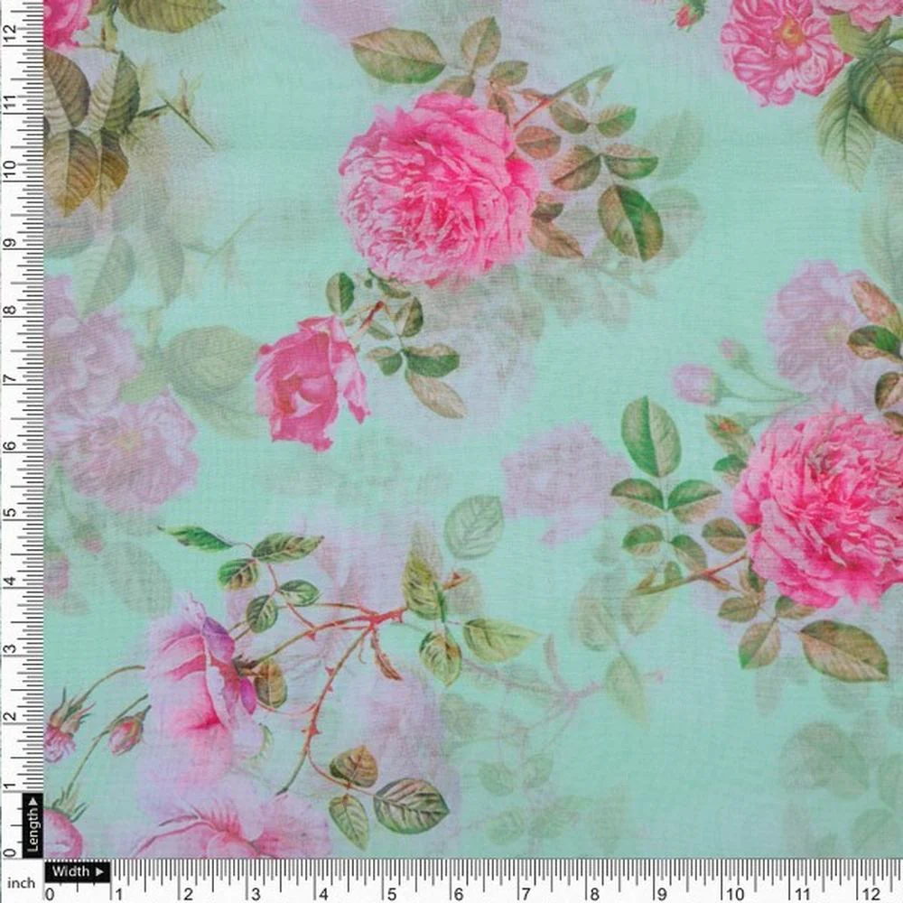Sea Green & Pink English Rose Floral Organza Fabric - Image 4