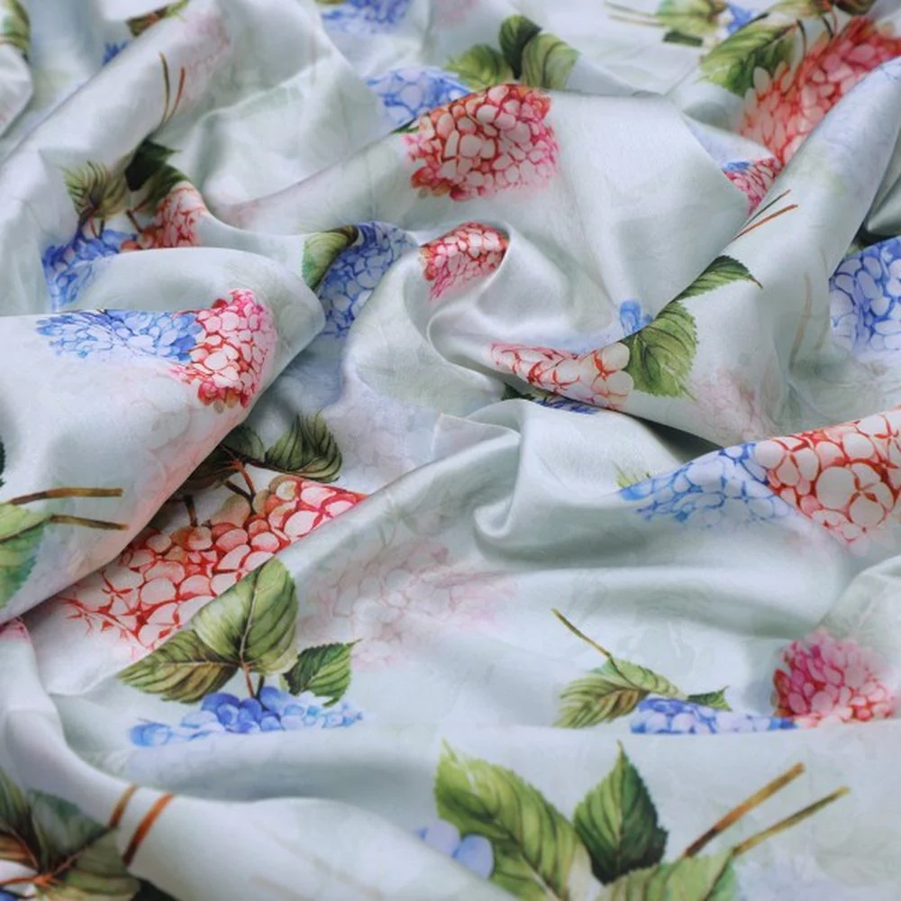 Sea Green & Pink Hydrangea Floral Japan Satin Fabric - Image 2