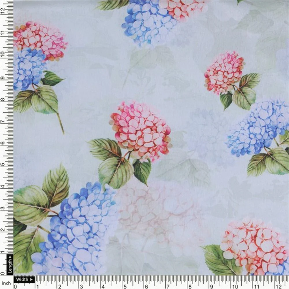 Sea Green & Pink Hydrangea Floral Japan Satin Fabric - Image 4